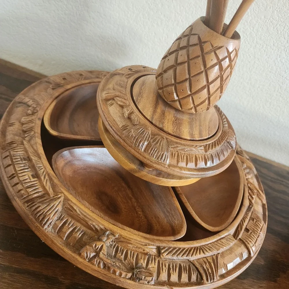 Hand Carved 3 Tier‎ Teak Pineapple Monkey Pod Lazy Susan Serving Tower Vintage